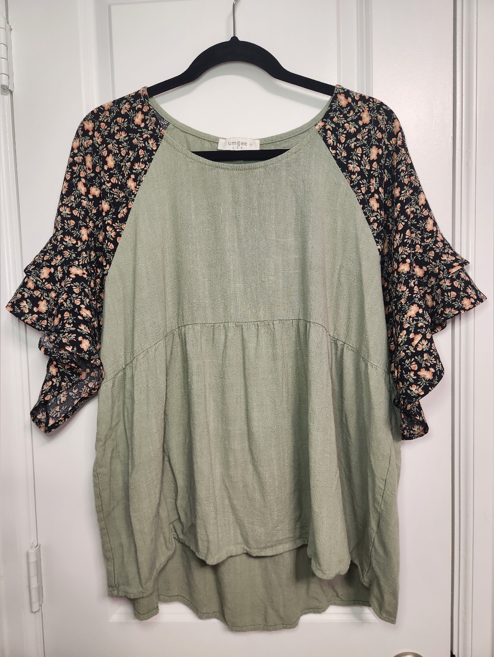 Umgee Top with Black Floral Ruffled Sleeves